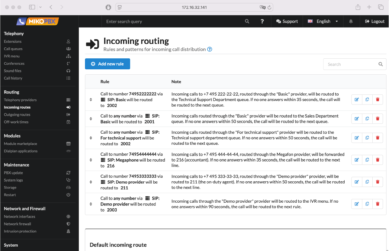 Incoming routing