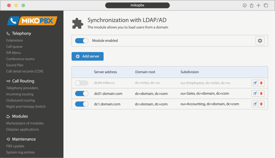 MikoPBX: Synchronization with LDAP/AD