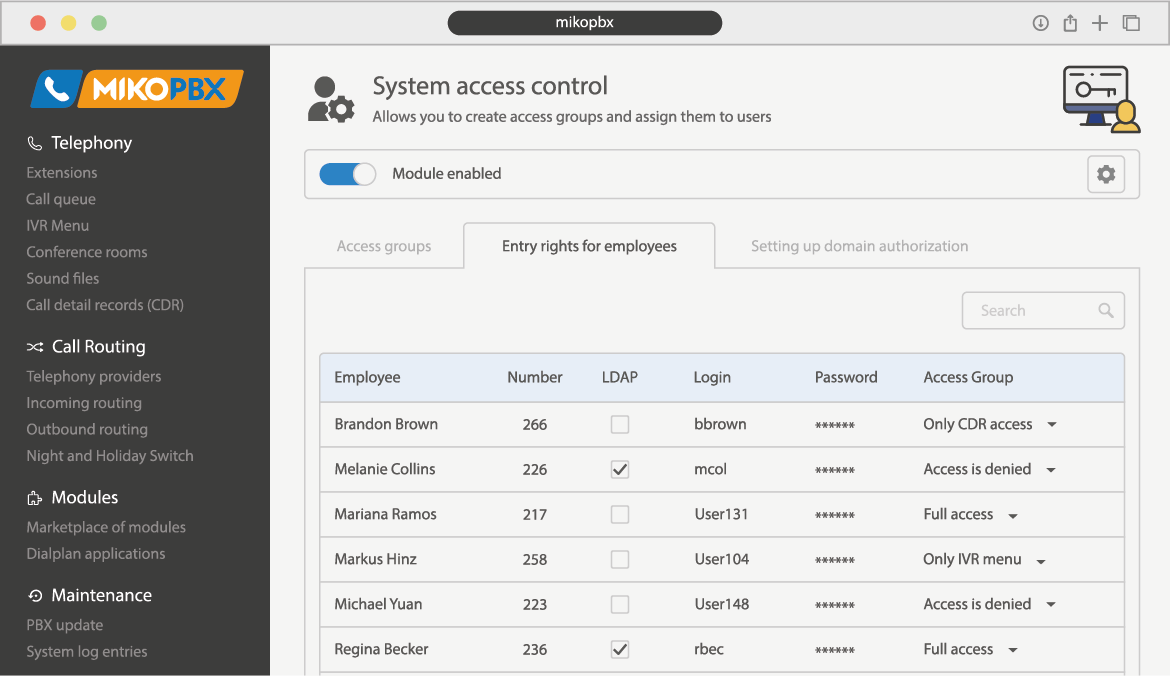 MikoPBX: Access control management