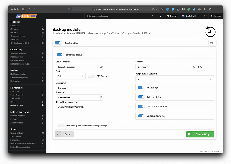 Archiving and recovery system in MikoPBX